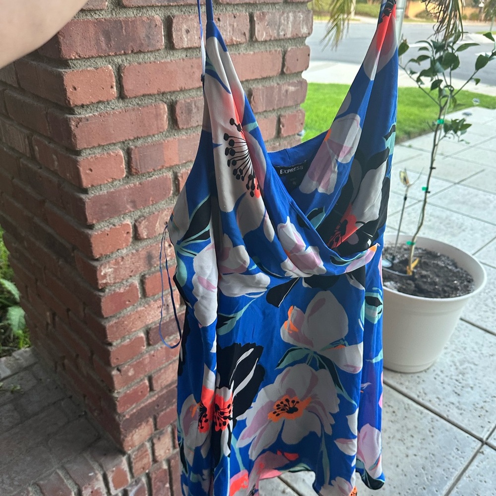 Express Blue Floral Midi Dress with Pink & Orange Accents